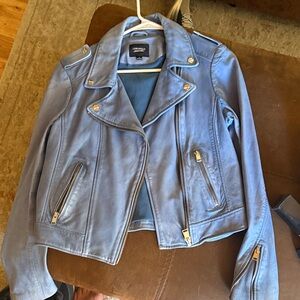 Lamarque Blue Leather Moto Jacket